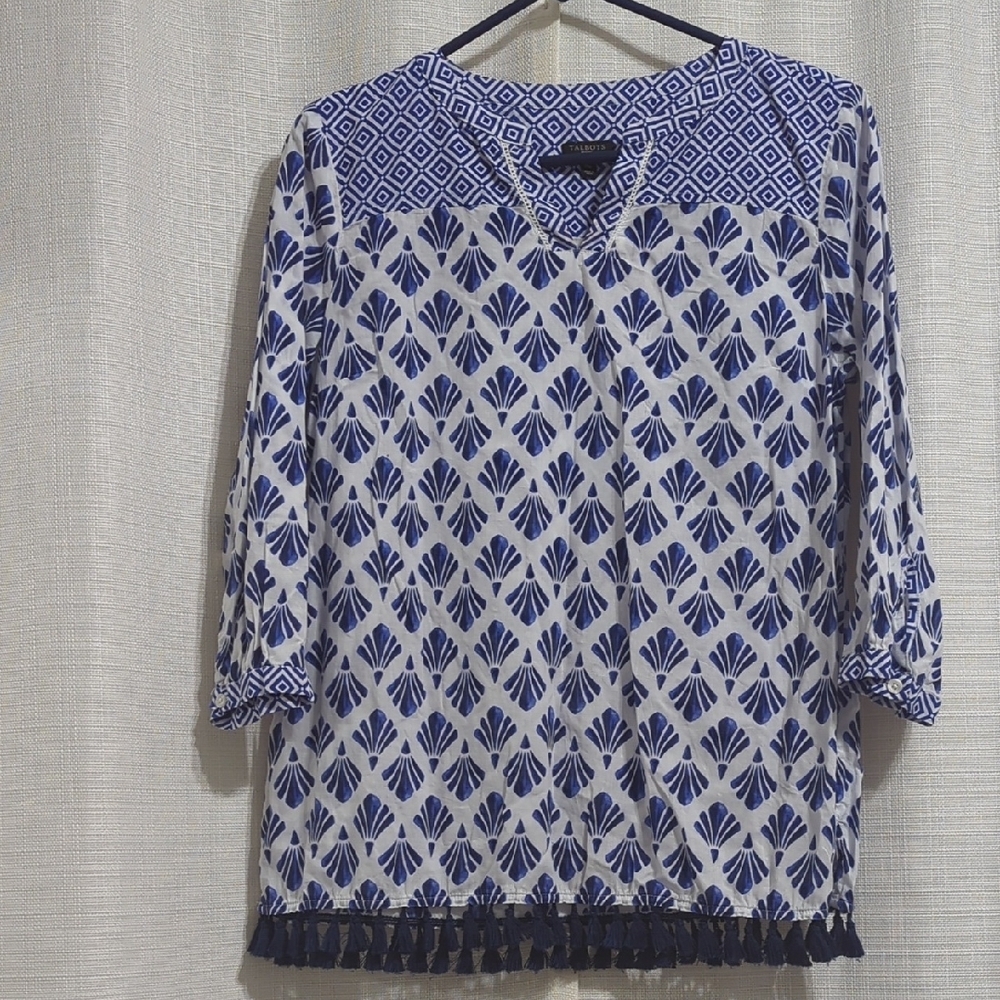 Talbots Tassel Hem Tunic Top Geometric Print Cotton Petite Medium Blue White